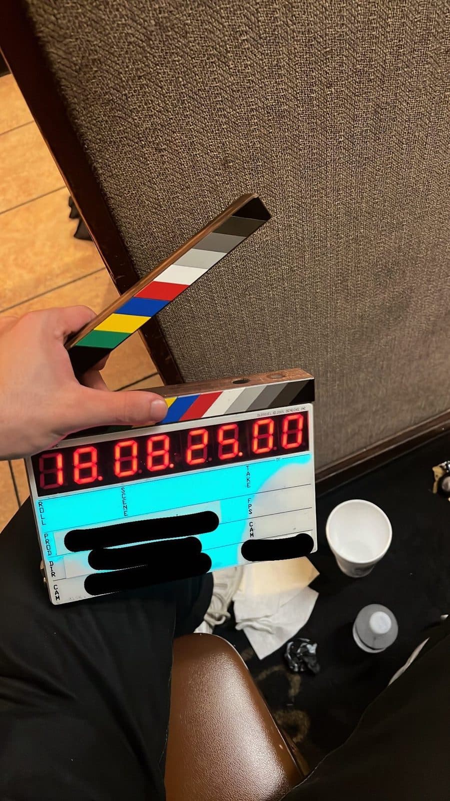 Timecode slate held up to the lens